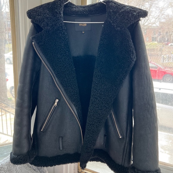 Maje Jackets & Blazers - Maje Gombery Leather & Real Sheep Shearling Coat